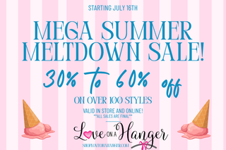 A promotional sale graphic with pink and white vertical stripes, large blue text reading 'MEGA SUMMER MELTDOWN SALE!', smaller text '30% to 60% off on over 100 styles', and the store name 'Live on a Hanger' at the bottom. Two ice cream cone illustrations appear near the lower corners.