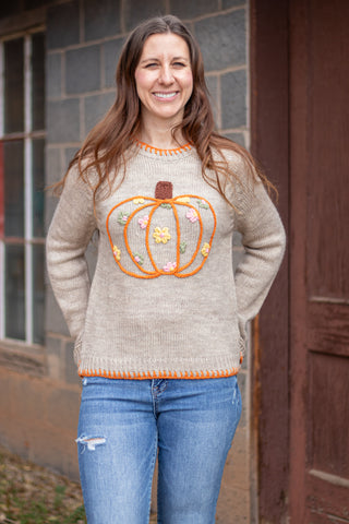Pumpkin and Floral Embroidered Sweater