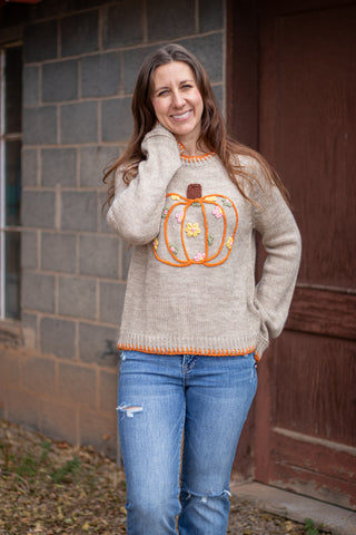 Pumpkin and Floral Embroidered Sweater