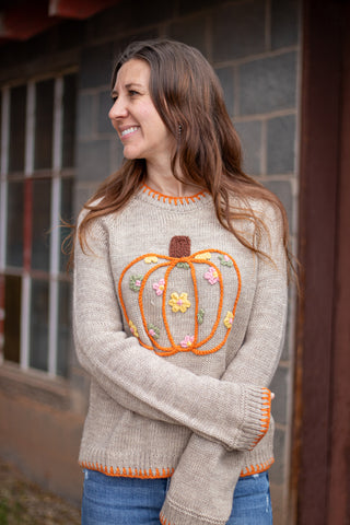 Pumpkin and Floral Embroidered Sweater