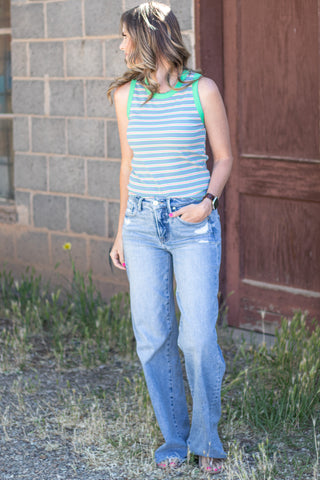 Search For Me Striped Tank- Blue/Key Lime