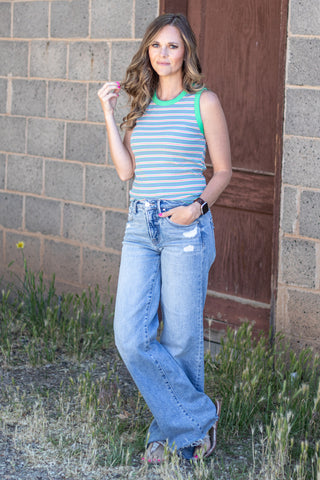 Search For Me Striped Tank- Blue/Key Lime