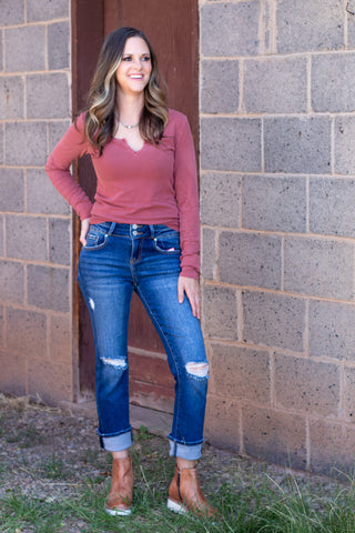 See It Through Notched Long Sleeve Top