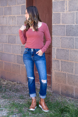 See It Through Notched Long Sleeve Top