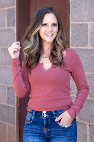 See It Through Notched Long Sleeve Top