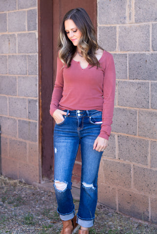 See It Through Notched Long Sleeve Top