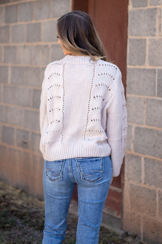 Scallop Crochet Pullover Sweater- Oatmeal