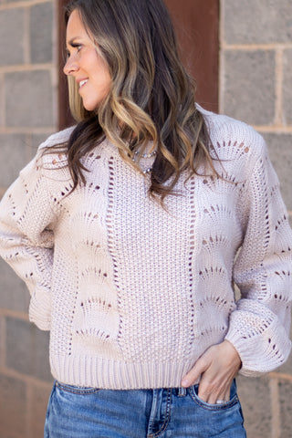 Scallop Crochet Pullover Sweater- Oatmeal