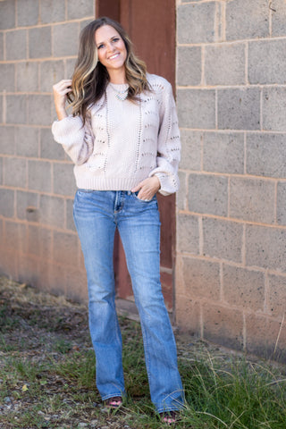 Scallop Crochet Pullover Sweater- Oatmeal