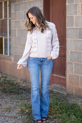 Scallop Crochet Pullover Sweater- Oatmeal
