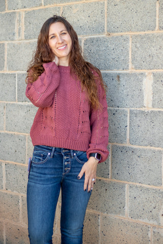 Scallop Crochet Pullover Sweater- Rust