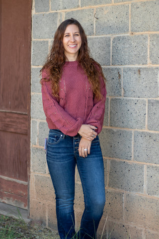 Scallop Crochet Pullover Sweater- Rust