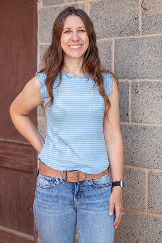Speak Now Ruffle Sleeve Tank- Blue Bird