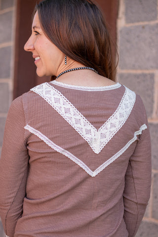 Styled In Crochet Accent Top- Chocolate