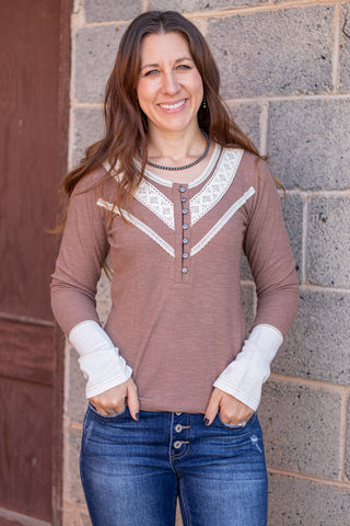Styled In Crochet Accent Top- Chocolate