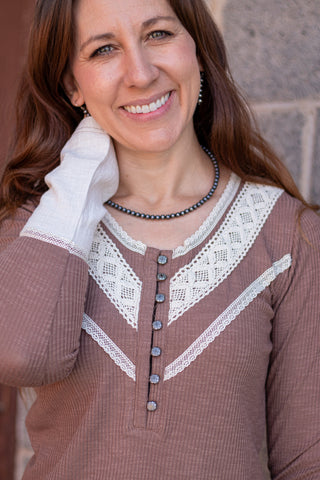 Styled In Crochet Accent Top- Chocolate