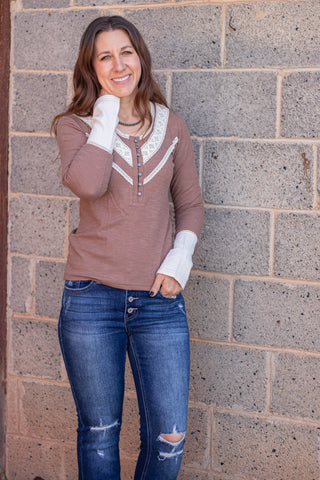 Styled In Crochet Accent Top- Chocolate