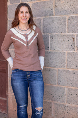 Styled In Crochet Accent Top- Chocolate