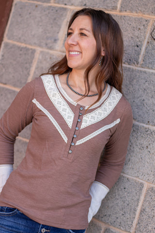 Styled In Crochet Accent Top- Chocolate