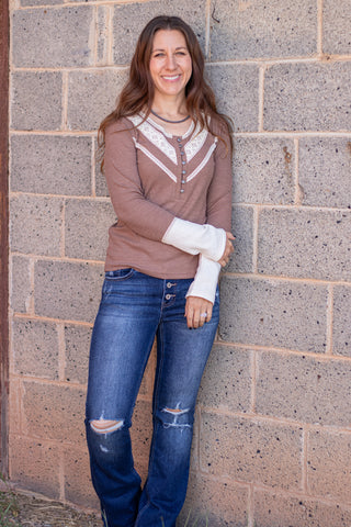 Styled In Crochet Accent Top- Chocolate