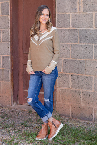 Styled In Crochet Accent Top- Olive