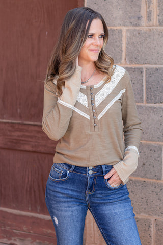 Styled In Crochet Accent Top- Olive