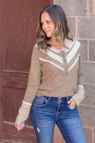 Styled In Crochet Accent Top- Olive