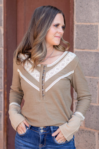 Styled In Crochet Accent Top- Olive