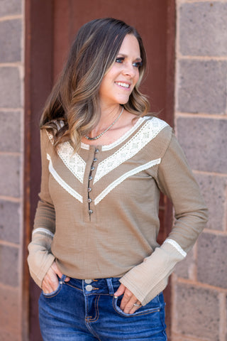 Styled In Crochet Accent Top- Olive