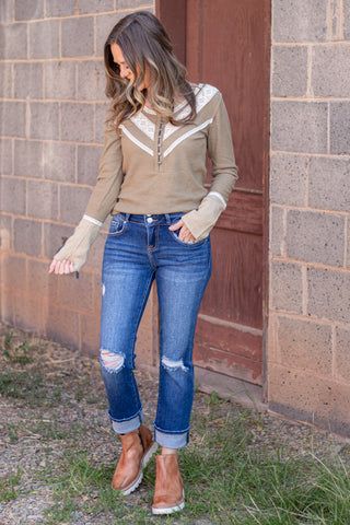 Styled In Crochet Accent Top- Olive