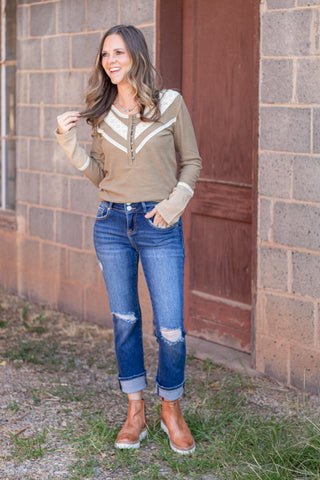 Styled In Crochet Accent Top- Olive