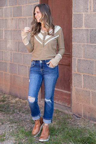 Styled In Crochet Accent Top- Olive