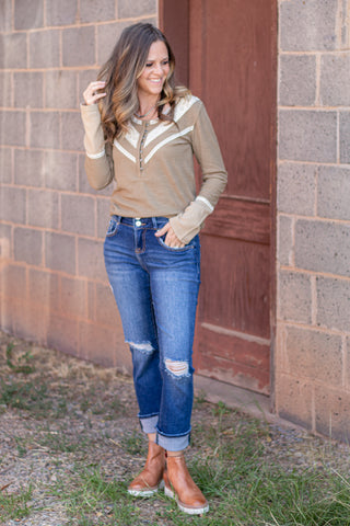 Styled In Crochet Accent Top- Olive