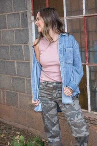 Taking The Lead Oversized Denim Top
