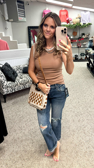 Time Flies Embroidered Tank- Caramel