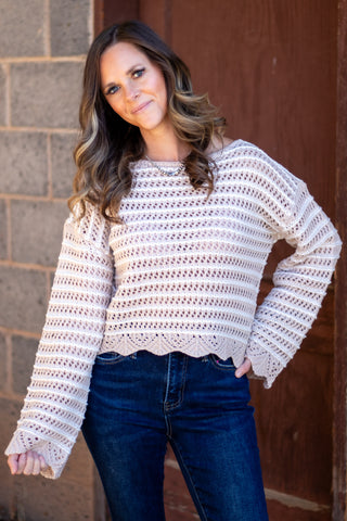 Textured Stripe Sweater With Scallop