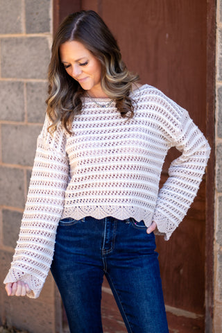 Textured Stripe Sweater With Scallop
