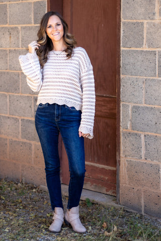 Textured Stripe Sweater With Scallop