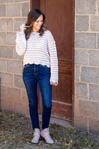 Textured Stripe Sweater With Scallop