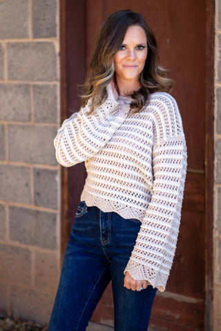Textured Stripe Sweater With Scallop