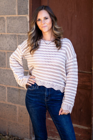 Textured Stripe Sweater With Scallop