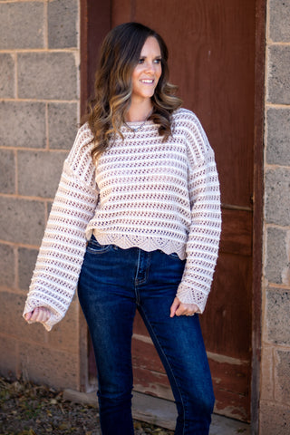 Textured Stripe Sweater With Scallop