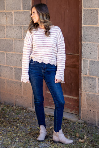 Textured Stripe Sweater With Scallop