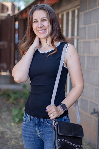 Time Flies Embroidered Tank- Black