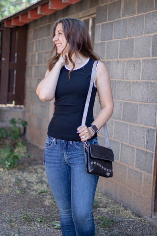 Time Flies Embroidered Tank- Black