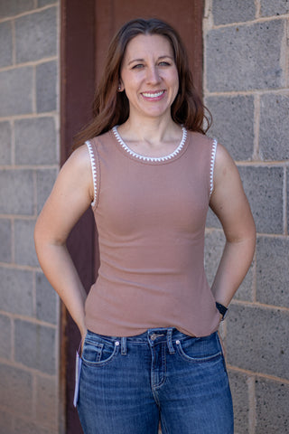 Time Flies Embroidered Tank- Caramel