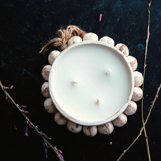 3 Wick Round Beaded Pottery Bowl Candle with Tassel