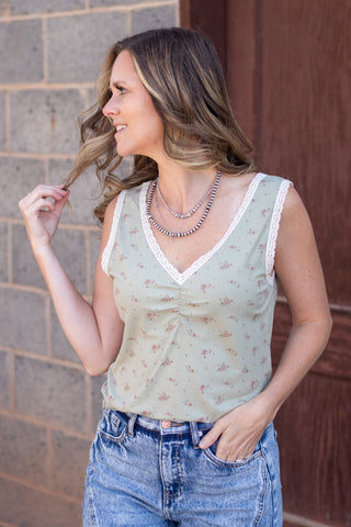 In The Moment Floral Tank- Sage