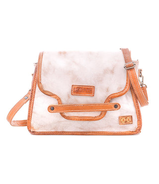 White crossbody bag with orange accents on a white background