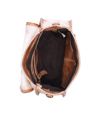 Open beige leather bag with brown interior on a white background